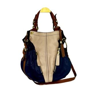 orYANY Victoria Hobo Slouch Bag Color Block Navy Tan Pebble Leather Boho